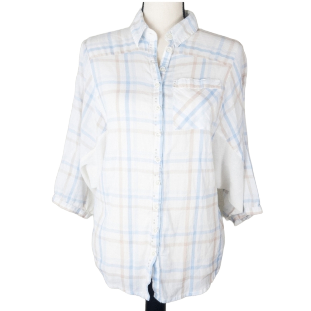 Free People 1/2 Sleeve Plaid Button-Up